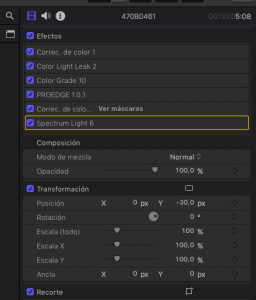 Muestra del Inspector Final Cut Pro X con distintos efectos aplicados